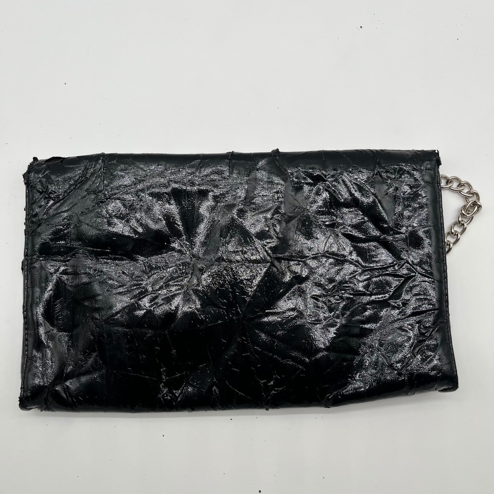 Jessica McClintock Black Crinkled Patent Envelope Clutch Silver Chain Bag